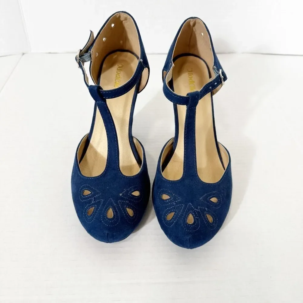ModCloth Women’s T Strap‎ Blue Faux Suede Vintage Inspired Retro Pumps Size 9 W